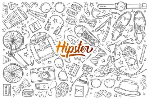 Hand drawn hipster elements and clothes doodle. Ilustración de archivo