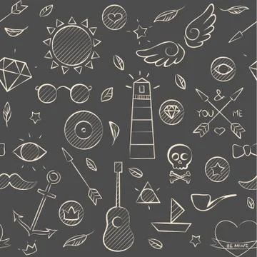 Hand drawn hipster seamless pattern over brown Stock Illustration
