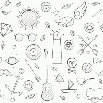 Hand drawn hipster seamless pattern over white Stock Illustration