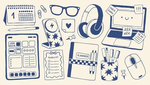 Hand drawn home office set with laptop and stationery elements. Minimalist Stock Illustration