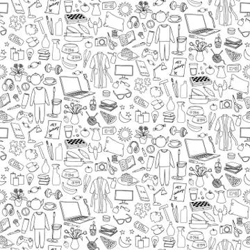 Hand drawn Home seamless pattern. Vector repeat print with doodle home elemen Stock Illustration