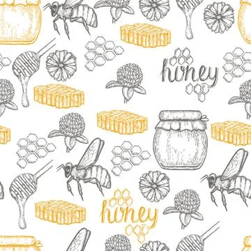 Hand drawn honey seamless pattern over white background Stock Illustration