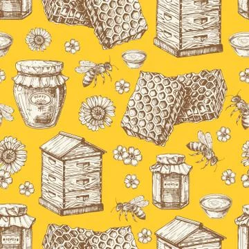 Hand drawn honey seamless pattern with jars, bee, flowers and beehive Stock Illustration