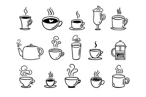 Hand drawn hot drinks set. Doodle coffee cups white background. Coffee, tea Stock Illustration