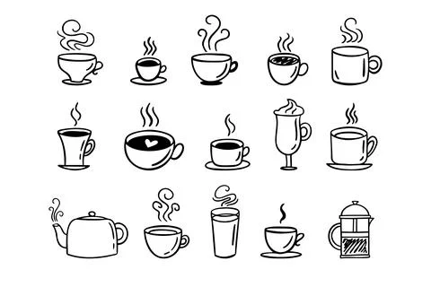Hand drawn hot drinks set. Doodle coffee cups white background. Coffee, tea Stock Illustration