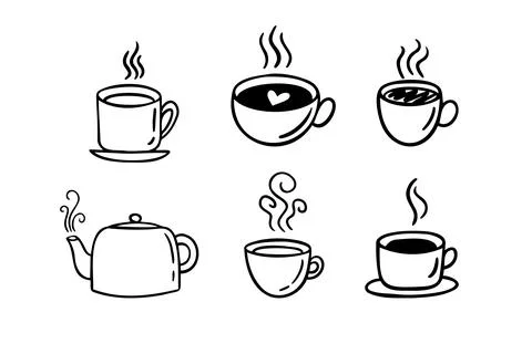Hand drawn hot drinks set. Doodle coffee cups white background. Coffee, tea Stock Illustration