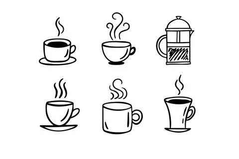 Hand drawn hot drinks set. Doodle coffee cups white background. Coffee, tea Stock Illustration
