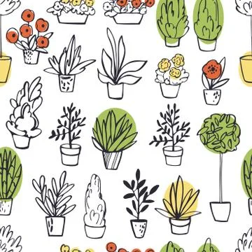 Hand drawn house plants. Vector pattern Stock Illustration