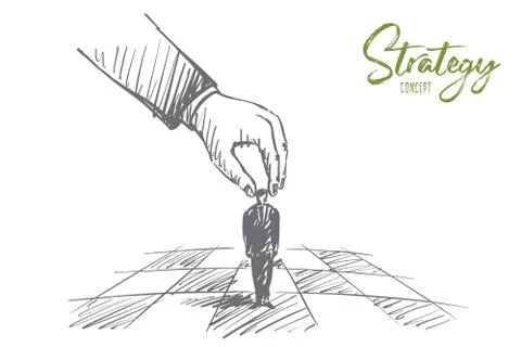 Hand drawn human arm touching figure as chessman Stock Illustration