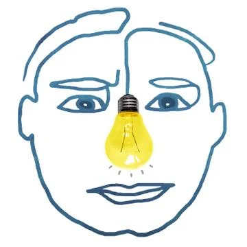 Hand drawn human face with Light Bulb photo for the nose Stock Illustration