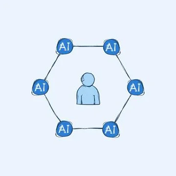 Hand Drawn Human Inside AI Hexagon Network Six Nodes Blue Sketch Vector Ico.. Ilustração Stock