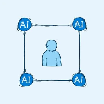 Hand Drawn Human Inside AI Square Network Four Nodes Blue Sketch Vector Ico.. Illustrazione stock