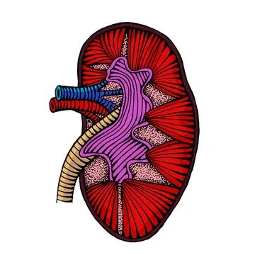 Hand drawn human kidney drawing illustration colored engraved style Illustrazione stock