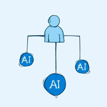 Hand Drawn Human Managing AI Nodes Organization Chart Blue Sketch Vector Ic.. 스톡 일러스트