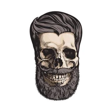 Hand drawn human skull with hipster hairdo, beard and moustache Stock Illustration