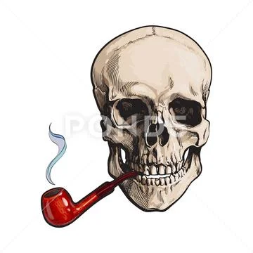 Hand drawn human skull smoking lacquered wooden pipe Stock Illustration