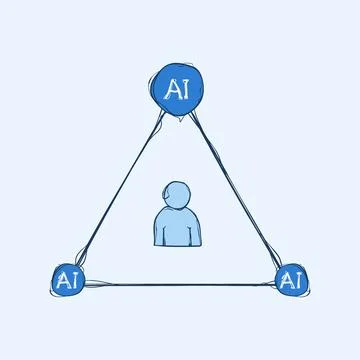 Hand Drawn Human Surrounded by AI Triangle Network Blue Sketch Vector Icon .. Illustrazione stock