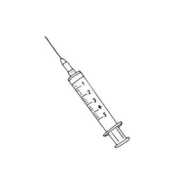 Hand-drawn hypodermic syringe with needle. Isolated illustration on  white .. Stock Illustration