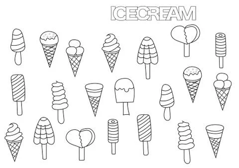 Hand drawn ice cream set. Coloring book page template.  Outline doodle Stock Illustration