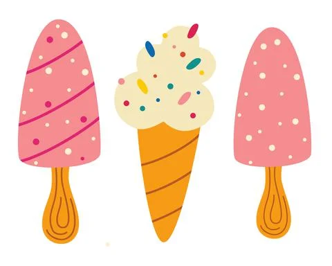 Hand Drawn Ice Cream set. Summer Illustration Sweet Fast Food. Cartoon vector Stock Illustration