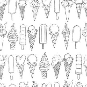 Hand drawn  ice cream. Vector  seamless pattern Stock Illustration