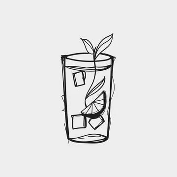 Hand-Drawn Iced Lemonade or Mojito Glass with Mint and Lemon Vector Illustr.. Illustrazione stock