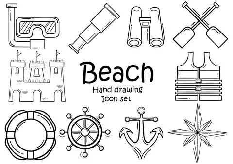 Hand drawn icon set about sea or beach Stock Illustration