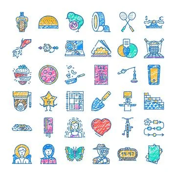 Hand drawn icon set depicting various concepts Stock Illustration