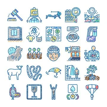 Hand drawn icon set displaying diverse concepts Stock Illustration