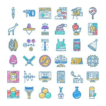 Hand drawn icon set doodle colorful various objects Illustrazione stock