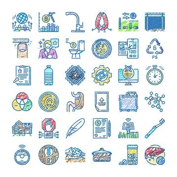 Hand drawn icon set exploring diverse concepts Stock Illustration