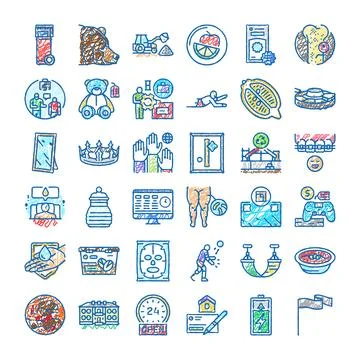 Hand drawn icon set exploring diverse concepts Stock Illustration