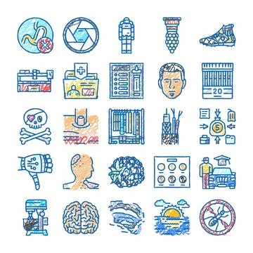 Hand drawn icon set representing various concepts Ilustración de archivo