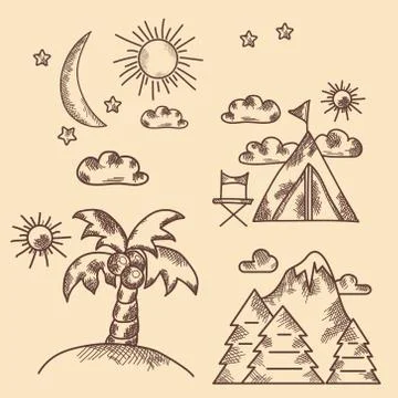 Hand drawn icon set. Vintage. Types of recreation, nature, palm tree, mountain Stock Illustration