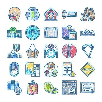 Hand drawn icons collection representing daily life concepts Stock Illustration