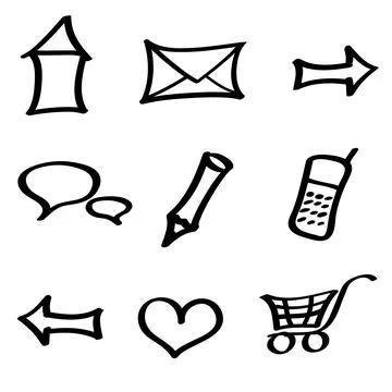 Hand drawn icons doodle set. Funny black silhouette design elements phone Stock Illustration