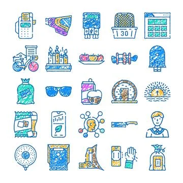 Hand drawn icons representing various lifestyle elements イラスト素材