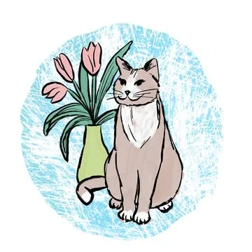 Hand drawn illsutration with cat and flowers houseplant on blue colorful Stock Illustration
