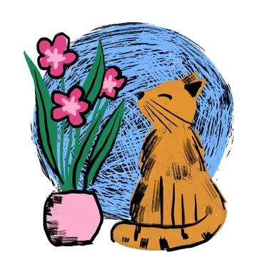 Hand drawn illsutration with cat and flowers houseplant on blue colorful Stock Illustration
