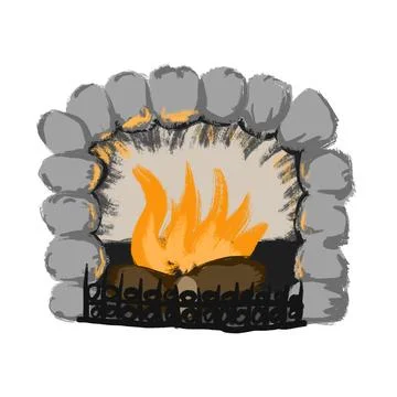 Hand drawn illsutration of grey stone fireplace with orange burning fire flames Stock Illustration