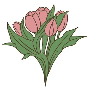 Hand drawn illsutration of two wild flowers rose tulip. Green leaves branch Stock Illustration