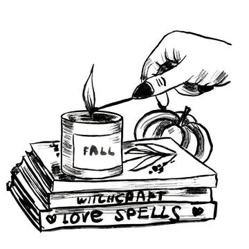 Hand drawn illsutration of witch hand with candle witchcraft books love spells Stock Illustration