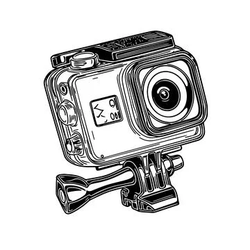 A hand-drawn illustration of an action camera in an engraved style, isolate.. Stock Illustration