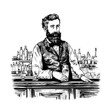 Hand drawn illustration of bartender in engraved style isolated on white ba.. Stock Illustration