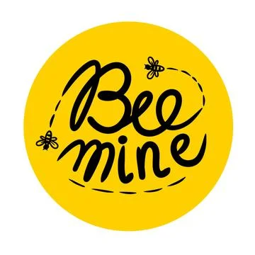 Hand drawn illustration of Bee Mine phrase handwritten words on yellow round Stock Illustration