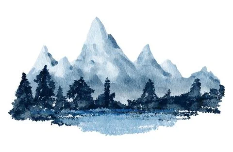 Hand drawn illustration of blue forest mountain. Winter pine fir tree landscape Stock Illustration