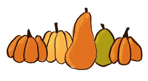 Hand drawn illustration border of fall autumn pumpkin in yellow green brown Stock Illustration
