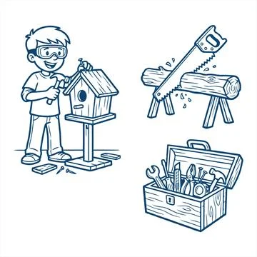 Hand-Drawn Illustration of a Boy Building a Birdhouse with Tools Ilustración de archivo