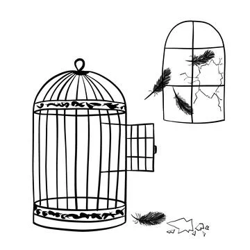 Hand drawn illustration of cage with open door feathers broken window. Freedom Stock Illustration