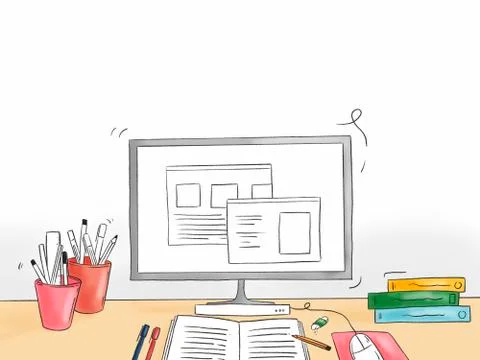 Hand drawn illustration of a computer desk with statinery and school objects Illustrazione stock
